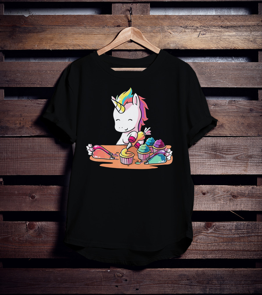 Unicorn Decorating Colorful Cupcakes With Rainbow Frosting T-Shirt