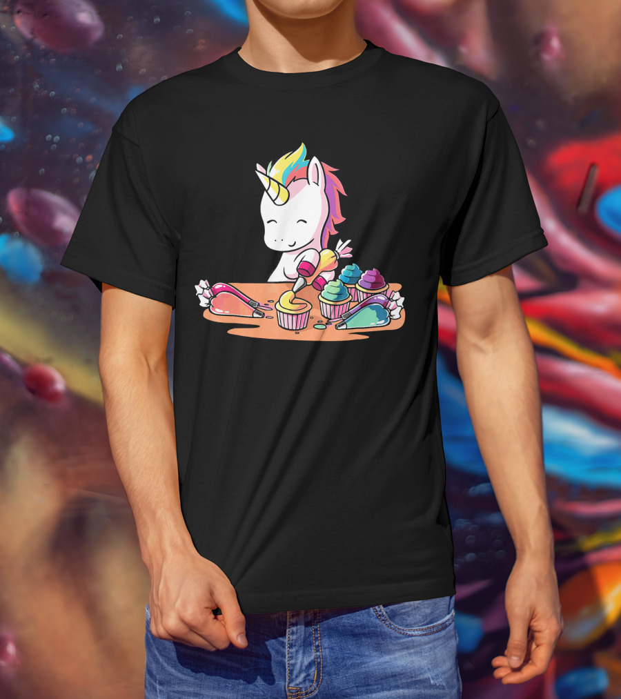 Unicorn Decorating Colorful Cupcakes With Rainbow Frosting T-Shirt