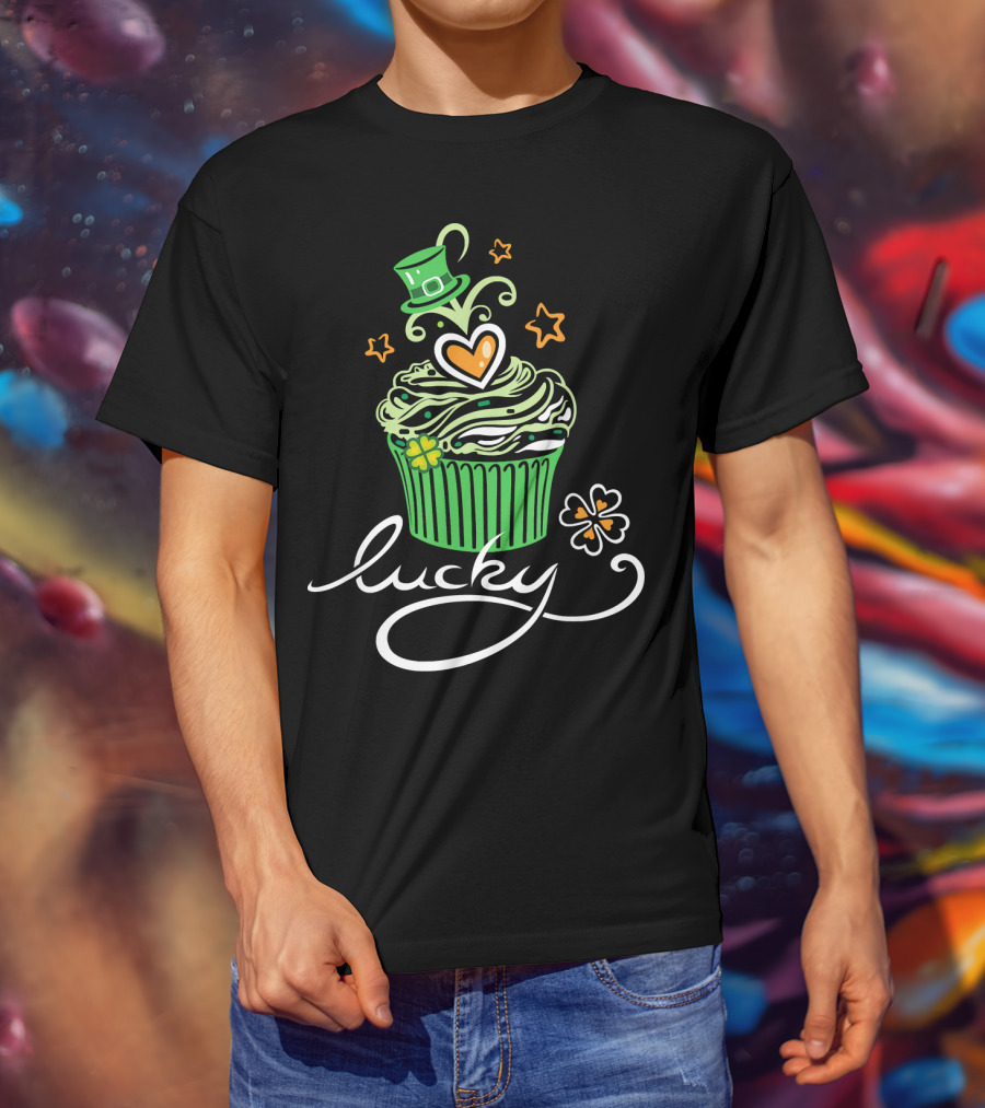 Lucky Green Cupcake With St Patrick's Day Hat And Shamrock T-Shirt
