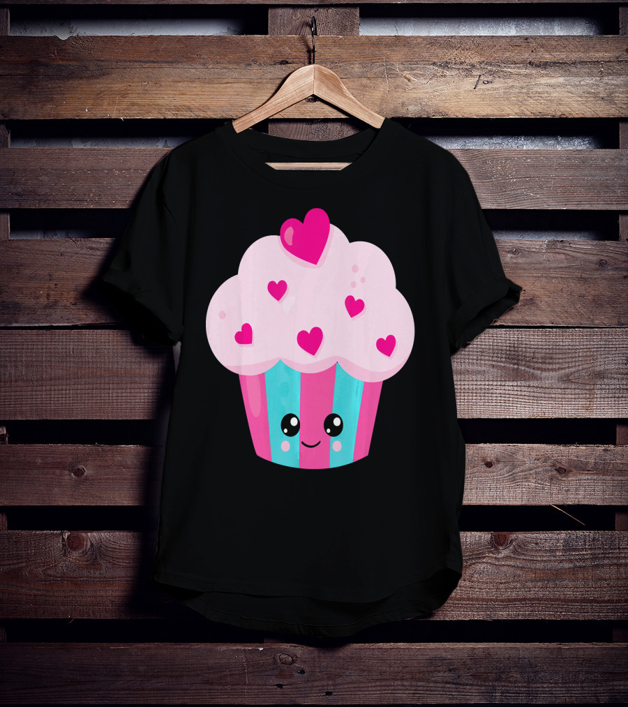 Kawaii Pink Hearts Cupcake With Cute Happy Face T-Shirt
