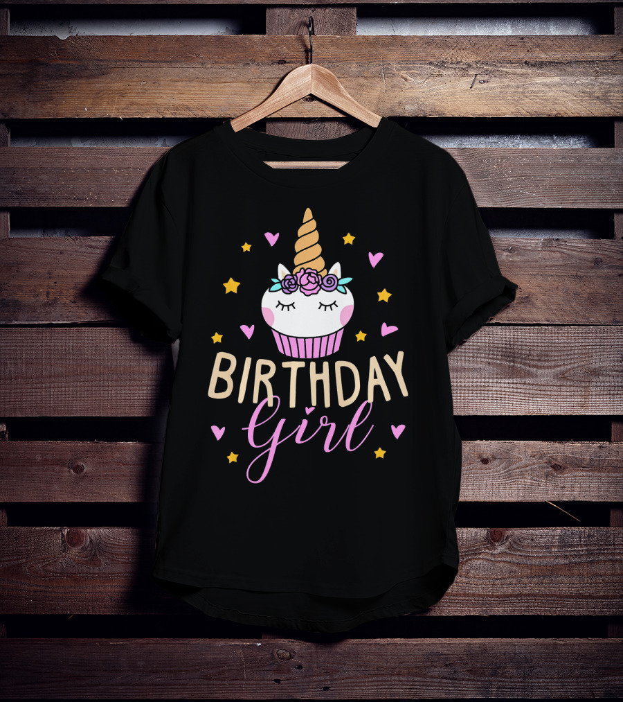 Birthday Girl Unicorn Cupcake Stars Hearts Cute Funny T-Shirt