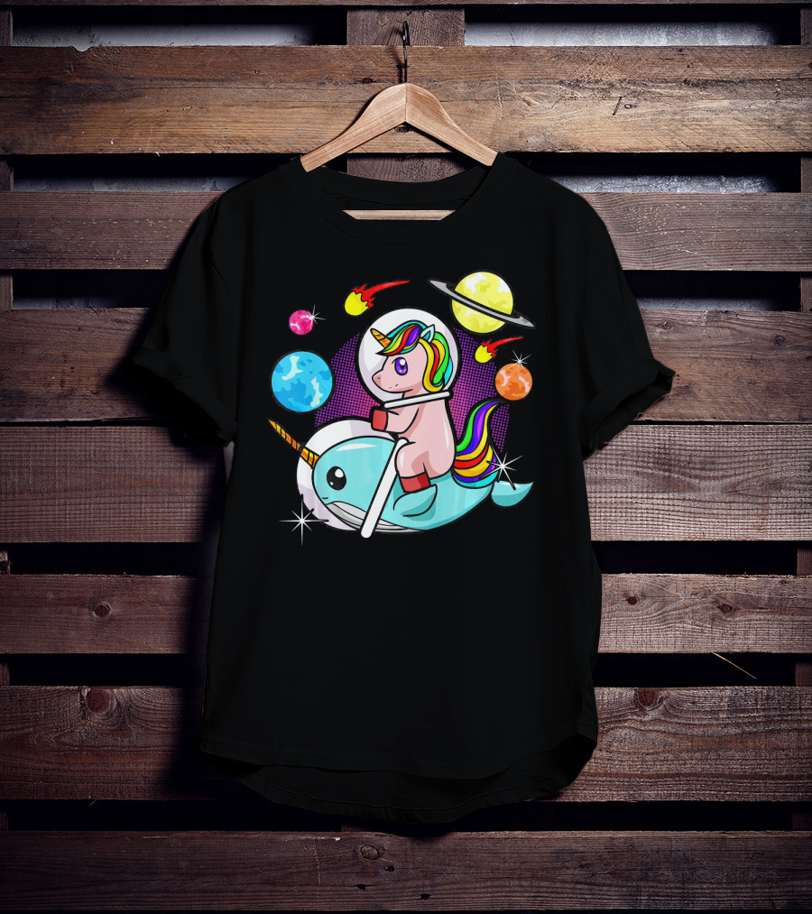 Unicorn Riding Narwhal Space Adventure With Planets And Astronaut Helmet T-Shirt