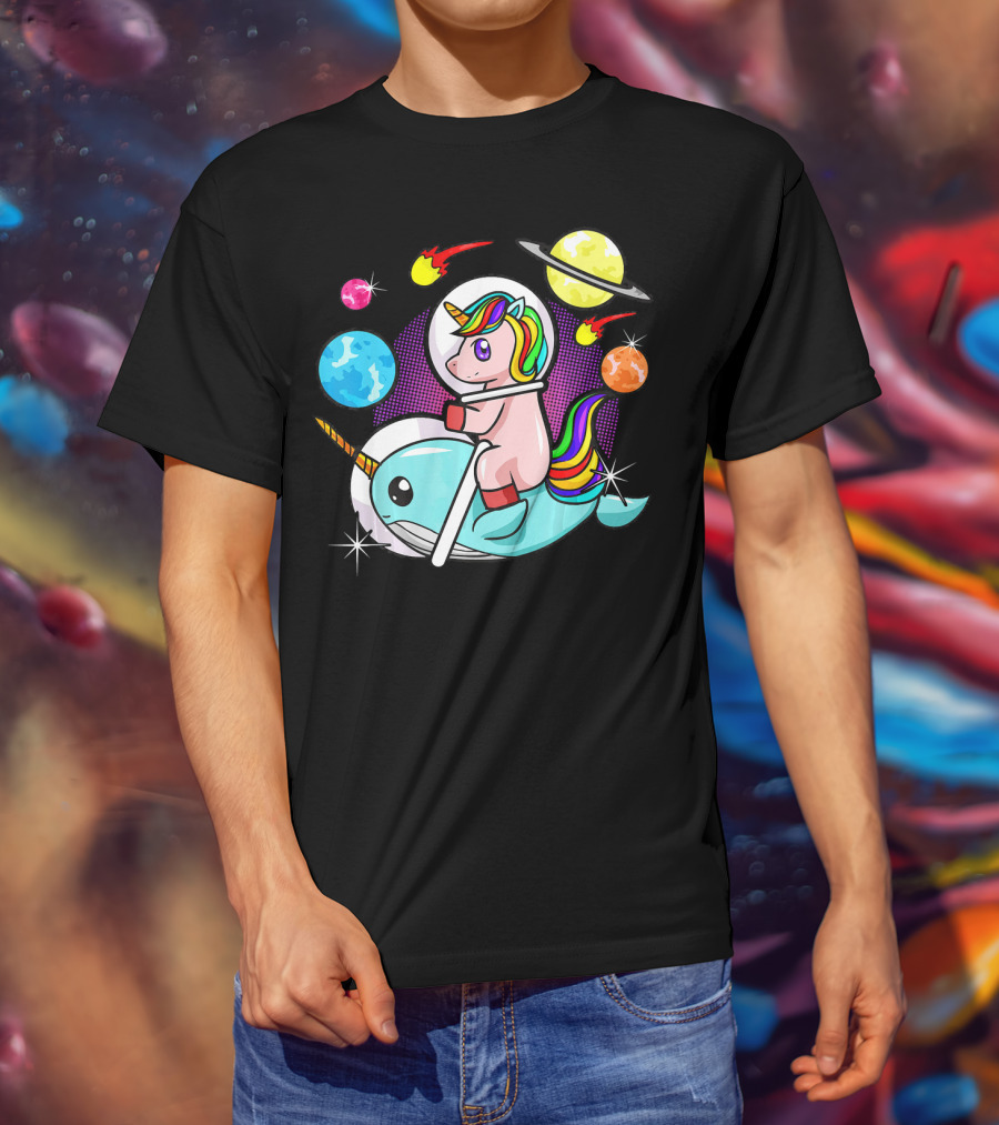 Unicorn Riding Narwhal Space Adventure With Planets And Astronaut Helmet T-Shirt