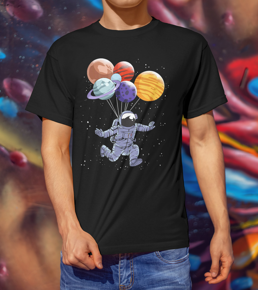 Astronaut Floating With Planet Balloons In Space Boys T-Shirt