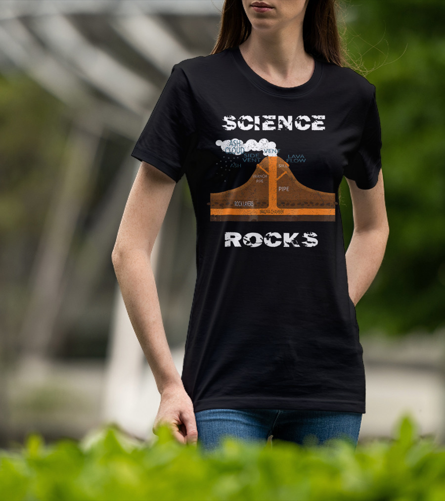 Science Rocks Distressed Volcano Diagram With Ash Cloud And Magma Chamber T-Shirt