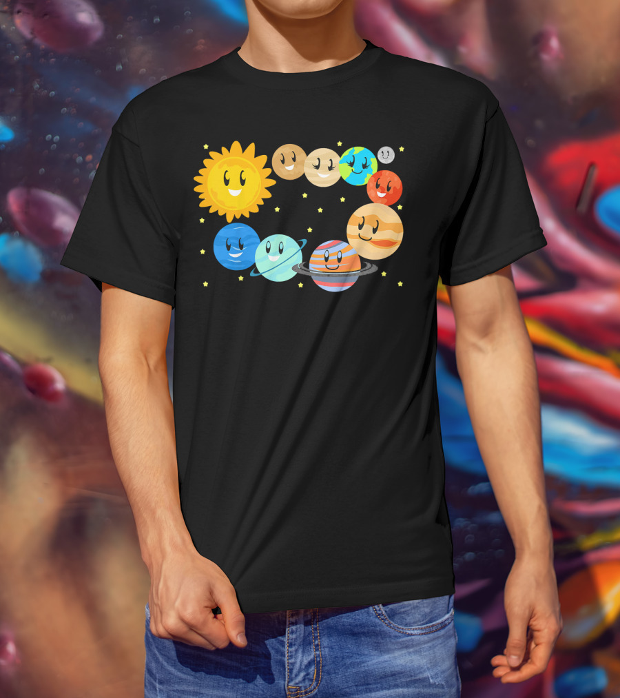 Kids Solar System Science Planets Learning Smiling Sun And Stars T-Shirt