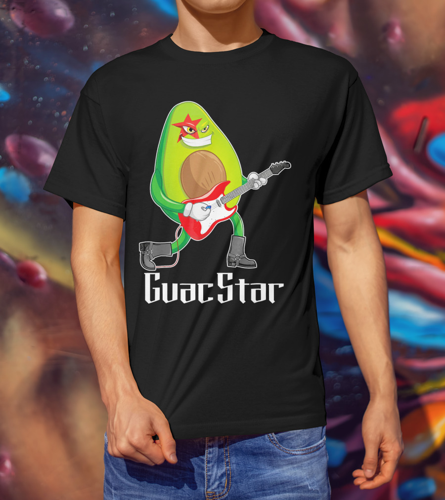 Guac Star Avocado Rock Star Playing Guitar With Red Boots T-Shirt
