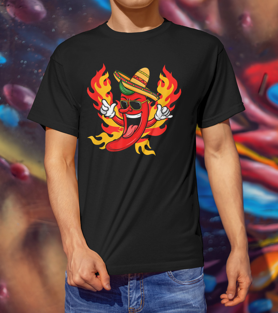 Cool Peppers Hot And Spicy Chili Flame Sombrero Party T-Shirt