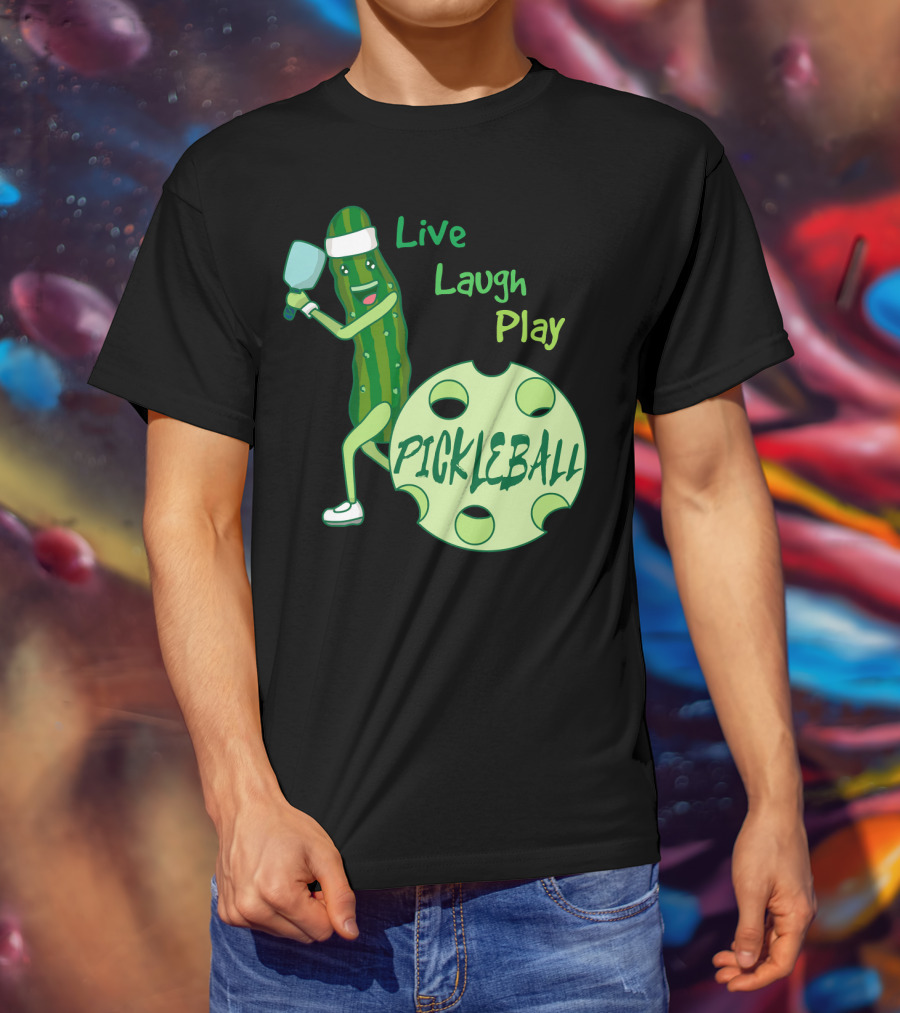 Live Laugh Play Pickleball Funny Sports Pickle Character Paddle T-Shirt