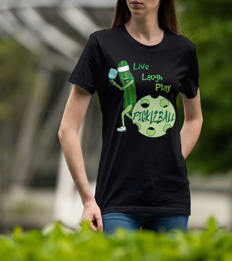 Live Laugh Play Pickleball Funny Sports Pickle Character Paddle T-Shirt