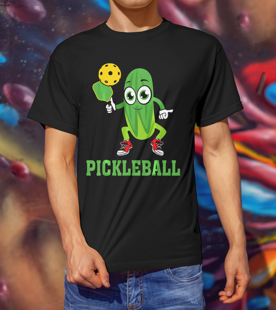 Pickle Character Playing Pickleball With Paddle And Ball T-Shirt
