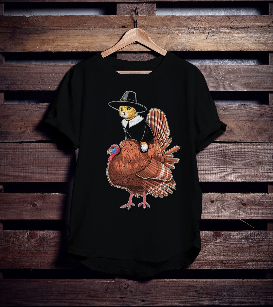 Thanksgiving Cat Dressed As Pilgrim Riding Turkey T-Shirt