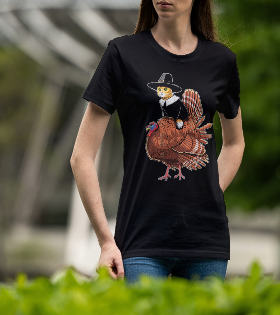 Thanksgiving Cat Dressed As Pilgrim Riding Turkey T-Shirt