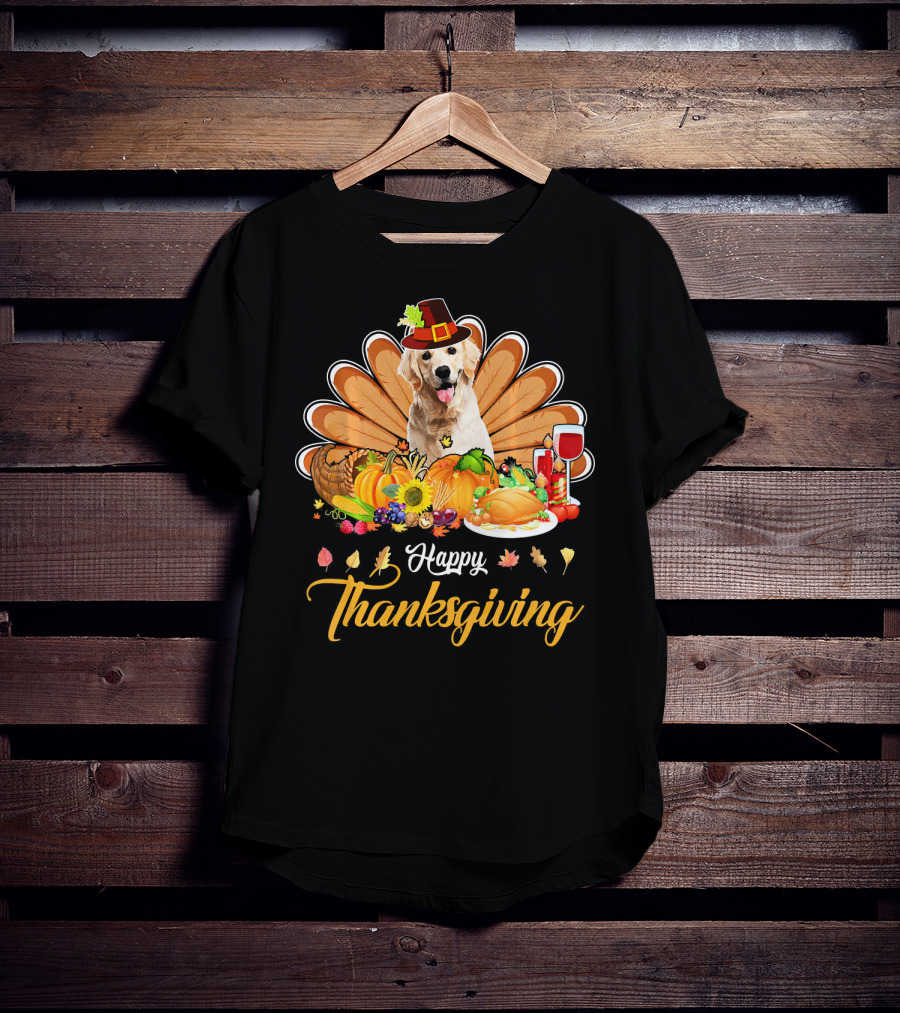 Happy Thanksgiving Golden Retriever Turkey Dish Wine T-Shirt
