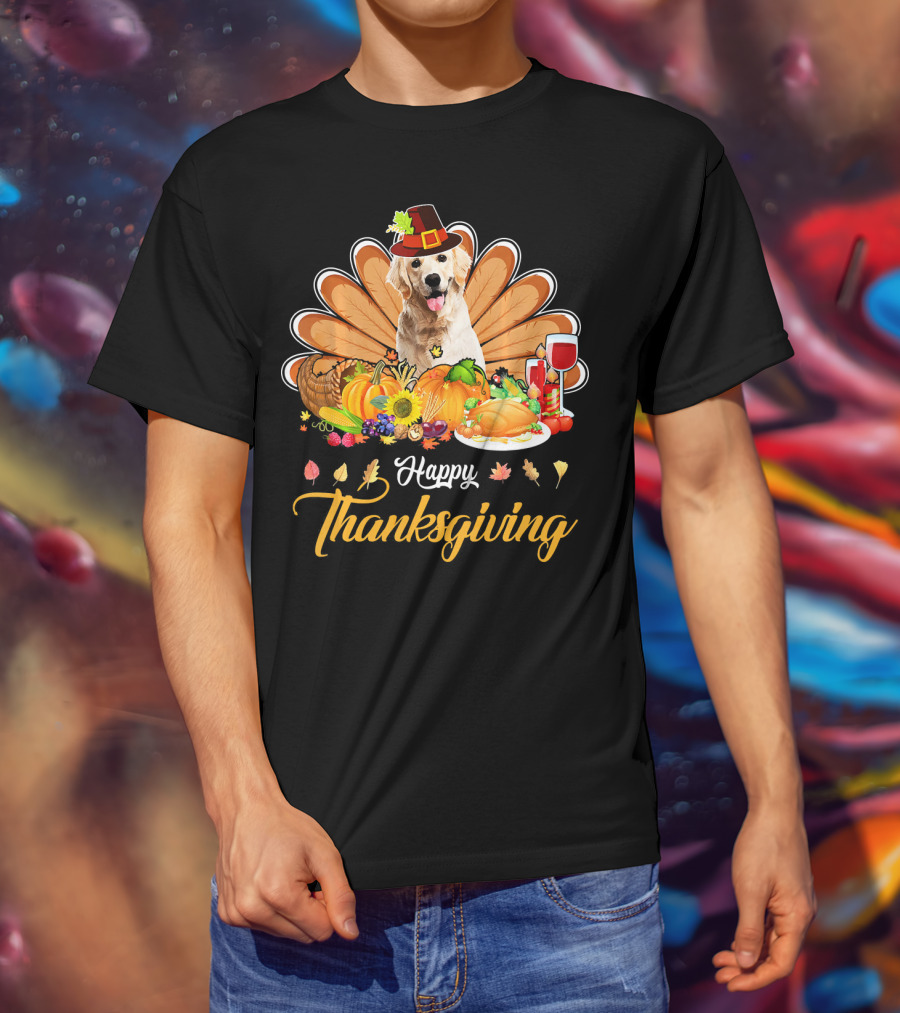 Happy Thanksgiving Golden Retriever Turkey Dish Wine T-Shirt