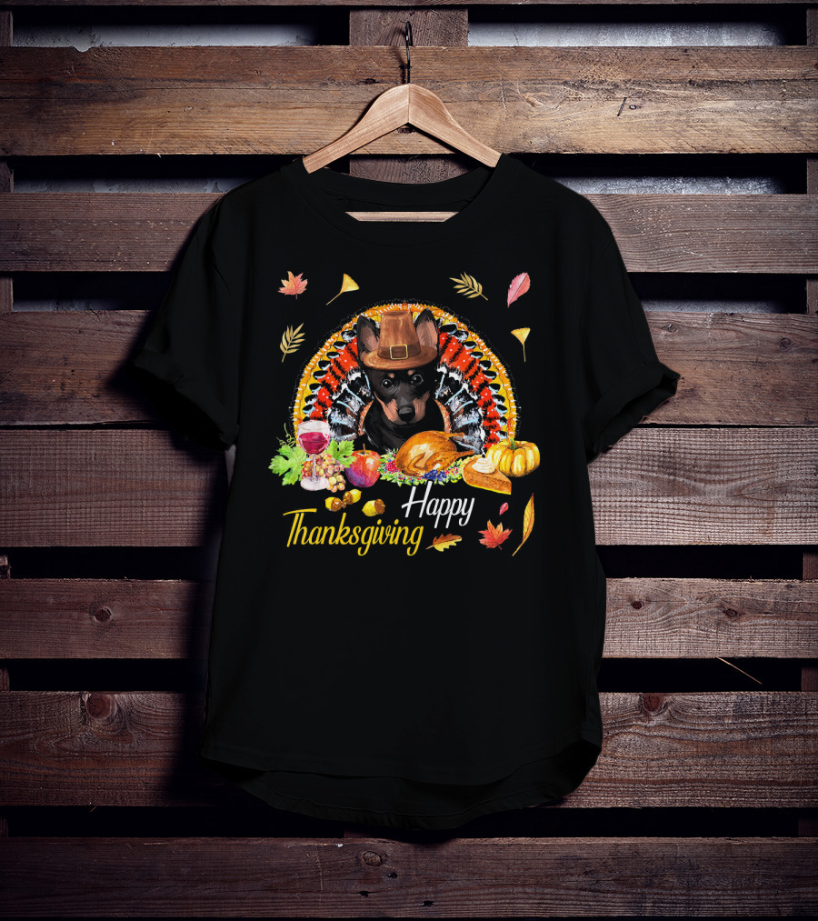 Happy Thanksgiving Heeler Dog With Feast And Autumn Leaves T-Shirt