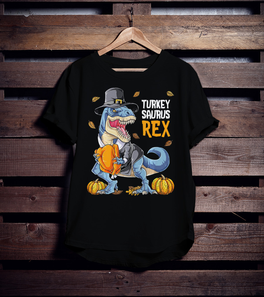 Turkey Saurus Rex Dinosaur Thanksgiving Boys Pilgrim Hat Pumpkin T-Shirt