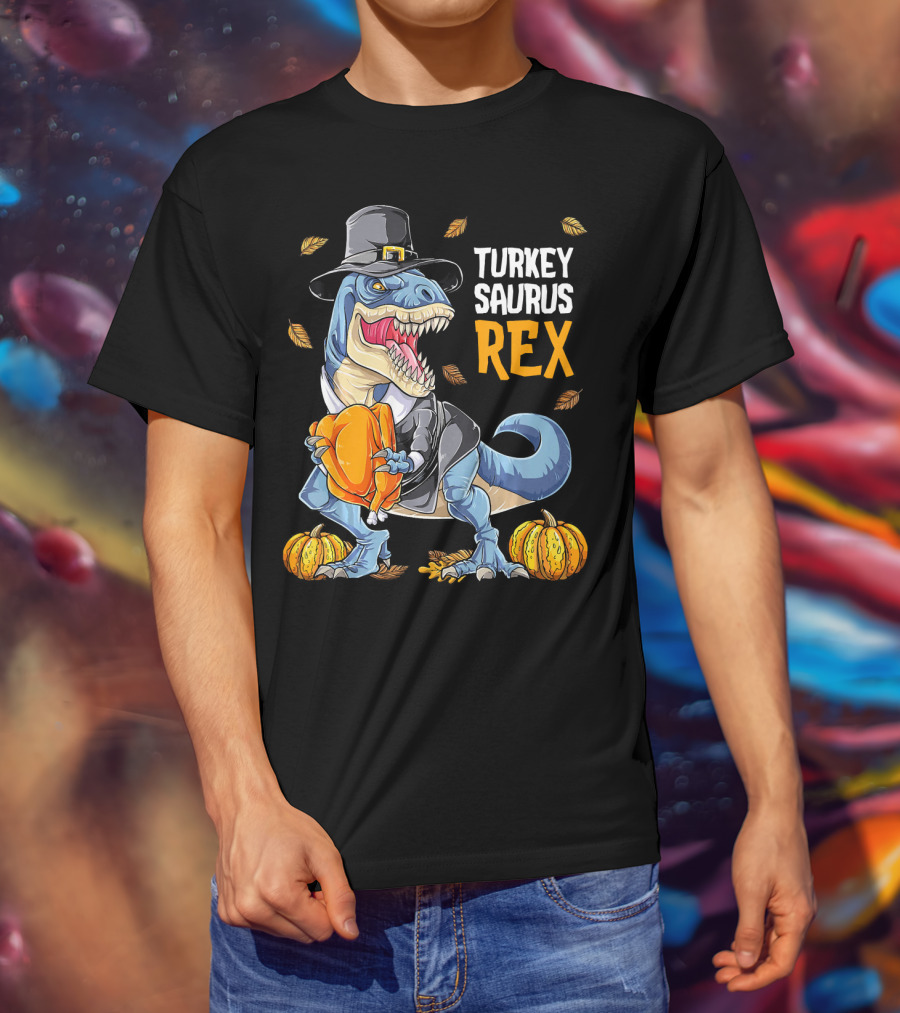 Turkey Saurus Rex Dinosaur Thanksgiving Boys Pilgrim Hat Pumpkin T-Shirt