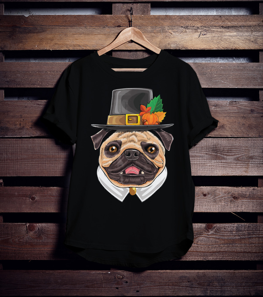 Thanksgiving Pug Pilgrim Hat With Pumpkin And Leaves T-Shirt
