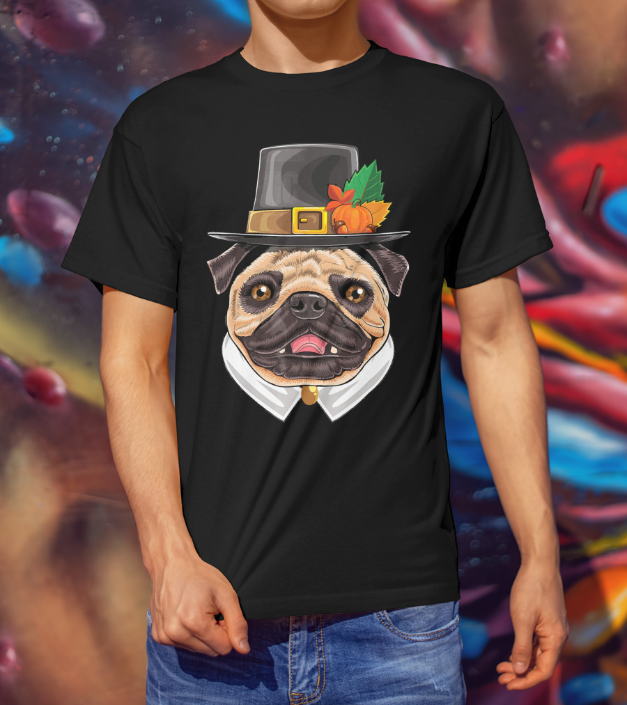 Thanksgiving Pug Pilgrim Hat With Pumpkin And Leaves T-Shirt