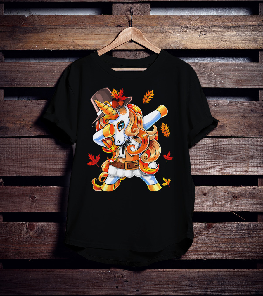 Thanksgiving Pilgrim Unicorn Dabbing Autumn Leaves T-Shirt