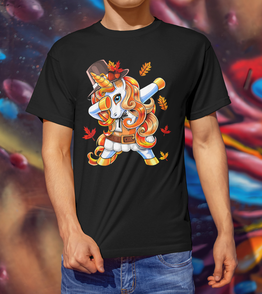 Thanksgiving Pilgrim Unicorn Dabbing Autumn Leaves T-Shirt