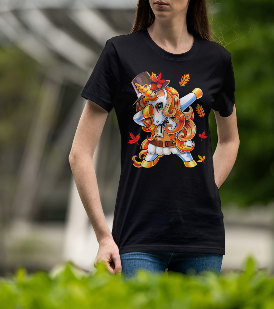 Thanksgiving Pilgrim Unicorn Dabbing Autumn Leaves T-Shirt