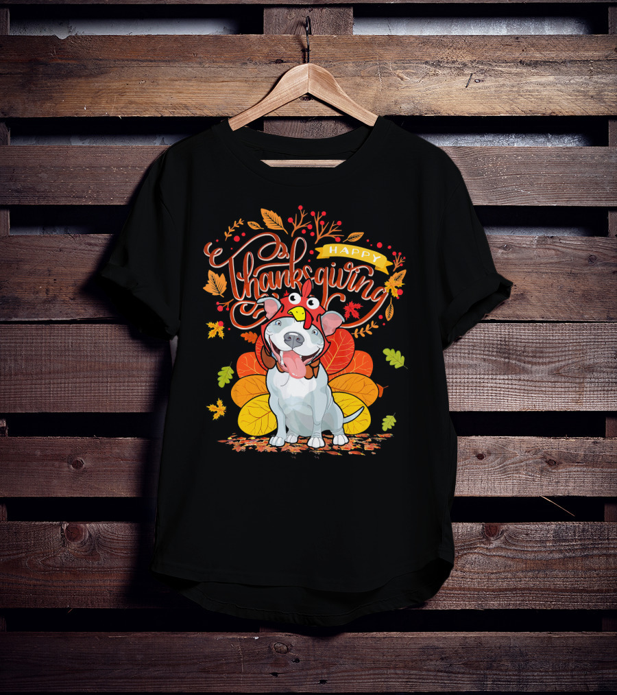 Happy Thanksgiving Pit Bull Wearing Turkey Hat Autumn Leaves T-Shirt