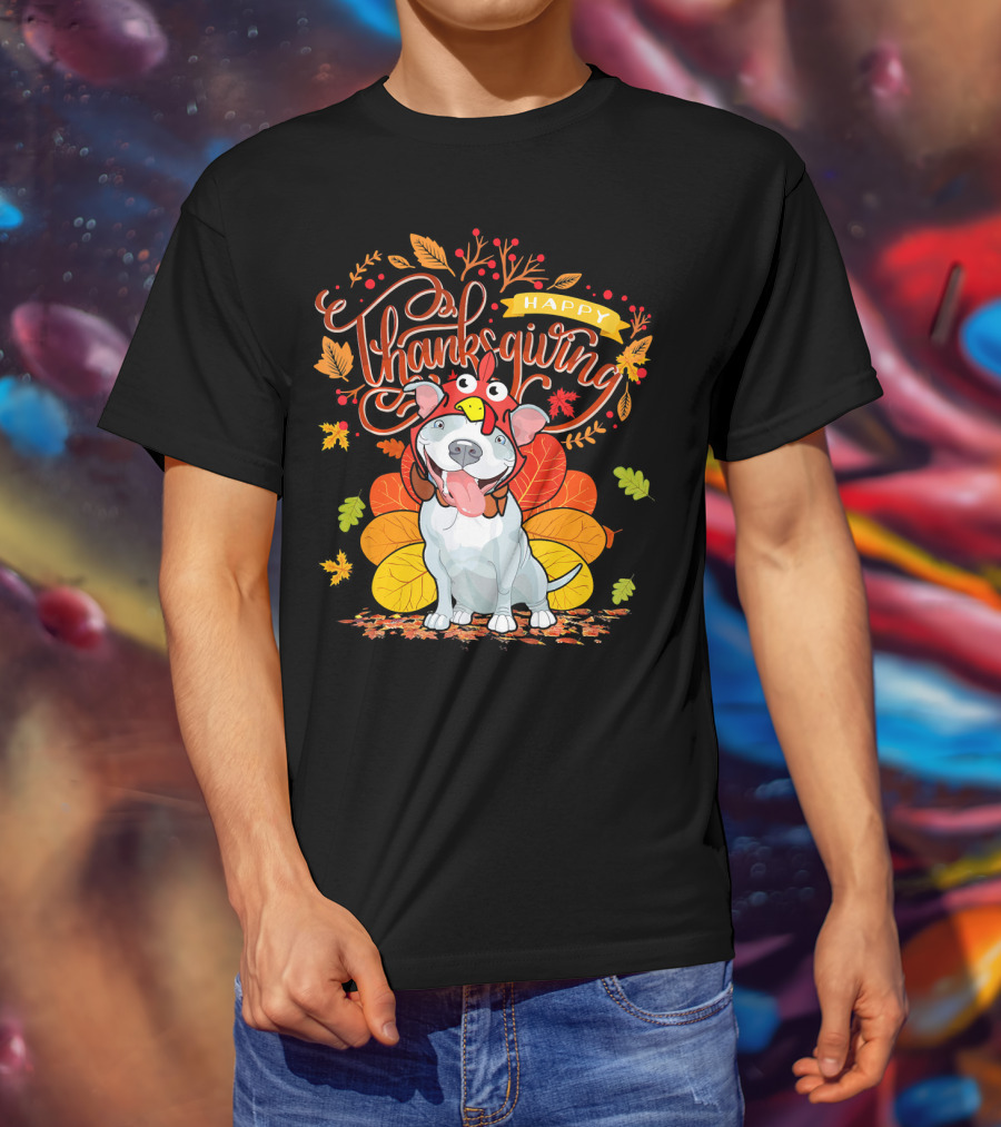 Happy Thanksgiving Pit Bull Wearing Turkey Hat Autumn Leaves T-Shirt