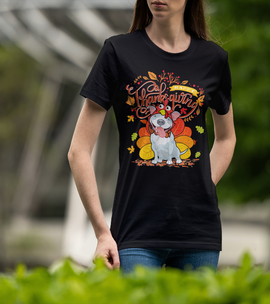 Happy Thanksgiving Pit Bull Wearing Turkey Hat Autumn Leaves T-Shirt