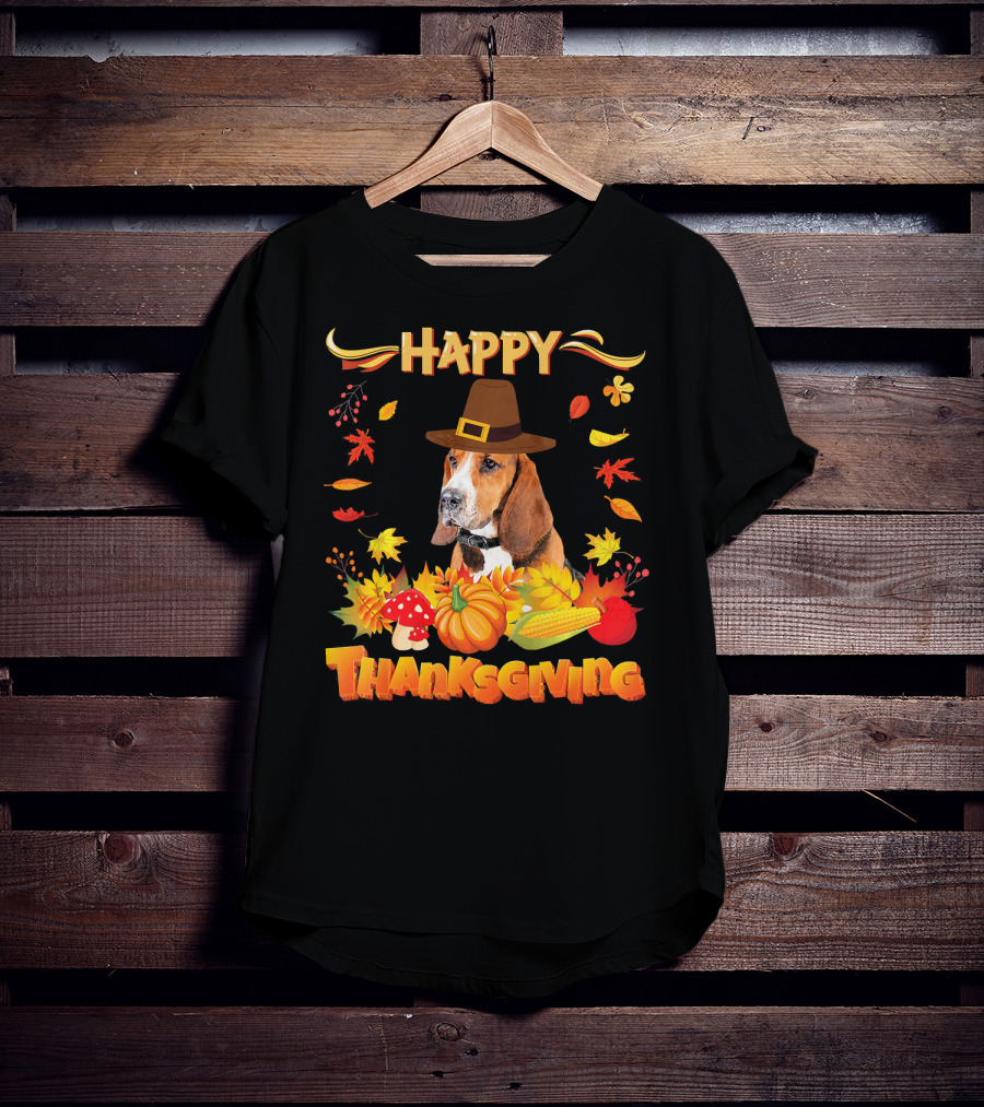 Happy Thanksgiving Basset Hound Dog With Pilgrim Hat And Autumn Harvest Elements T-Shirt