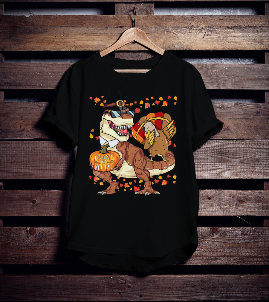 Thanksgiving Feast Mode Dinosaur With Turkey And Autumn Leaves T-Shirt