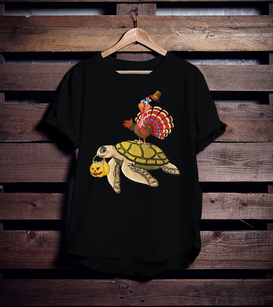 Turkey Riding Turtle Pumpkin Funny Sea Thanksgiving Halloween Fusion T-Shirt