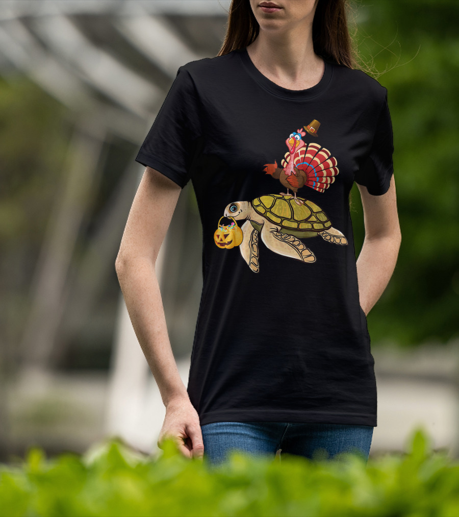 Turkey Riding Turtle Pumpkin Funny Sea Thanksgiving Halloween Fusion T-Shirt