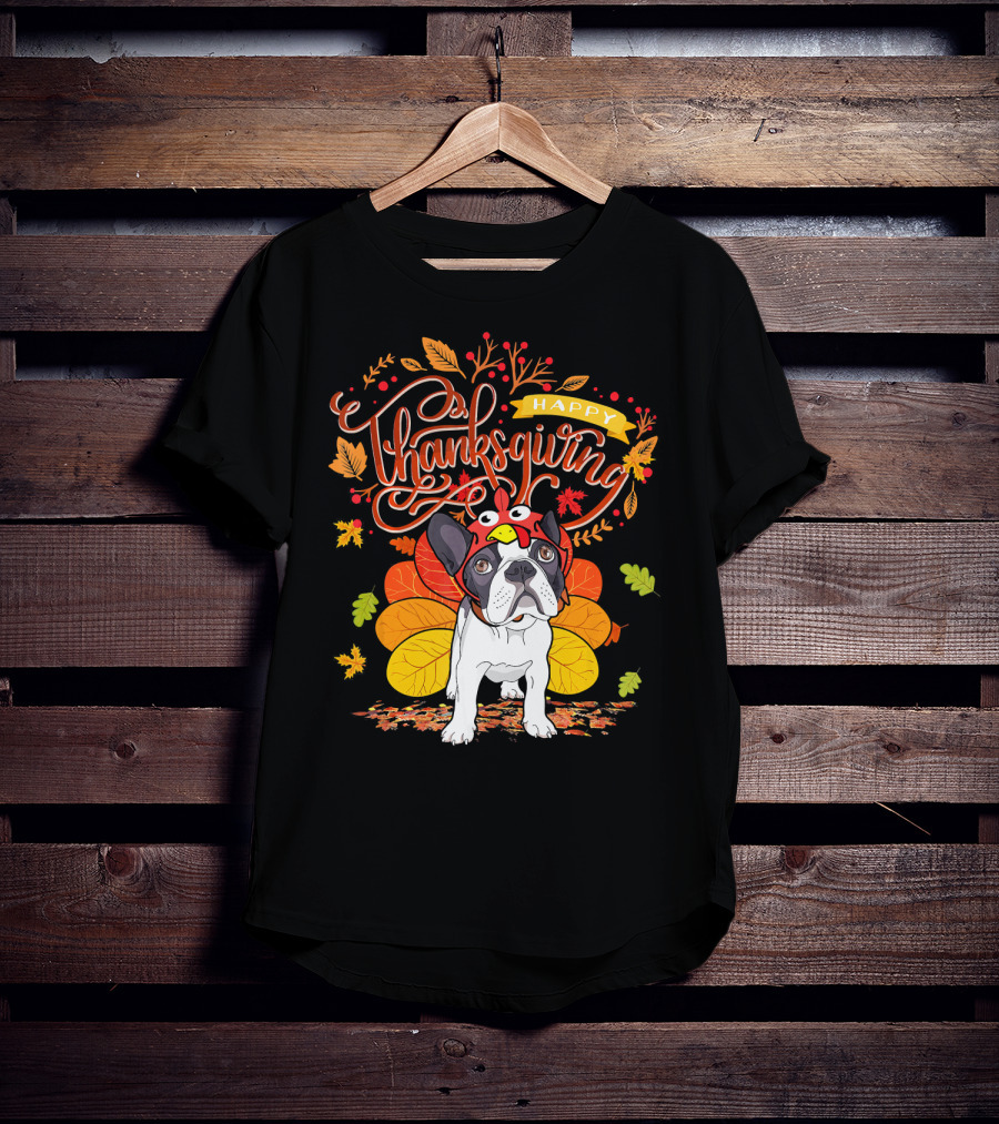 Happy Thanksgiving French Bulldog With Turkey Hat And Fall Leaves T-Shirt
