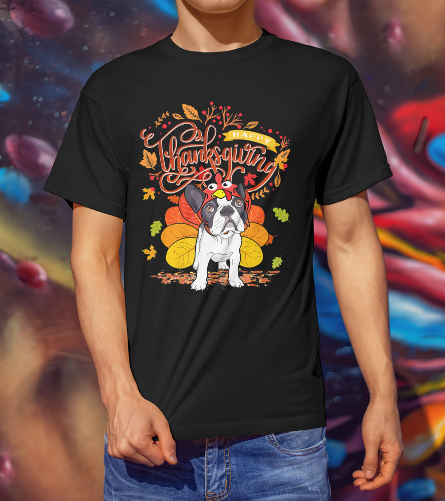 Happy Thanksgiving French Bulldog With Turkey Hat And Fall Leaves T-Shirt