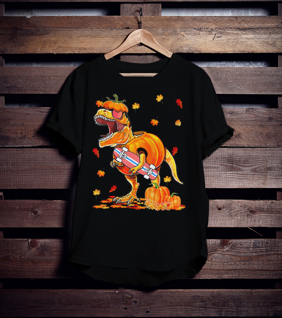 Dinosaur Pumpkin Skateboard Autumn Leaves Hall T-Shirt