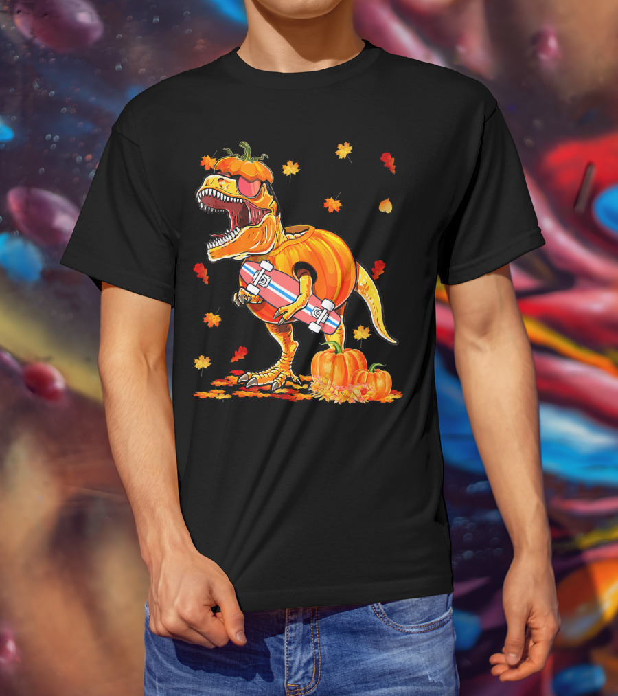Dinosaur Pumpkin Skateboard Autumn Leaves Hall T-Shirt