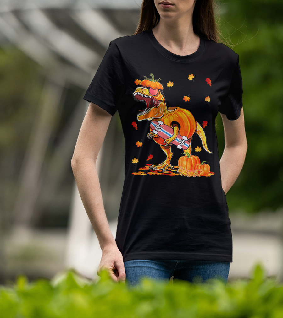 Dinosaur Pumpkin Skateboard Autumn Leaves Hall T-Shirt