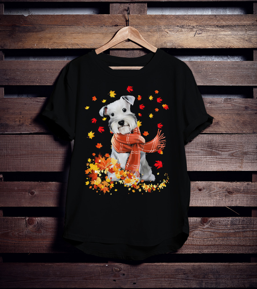 Cute Schnauzer Dog Autumn Leaves And Cozy Scarf T-Shirt