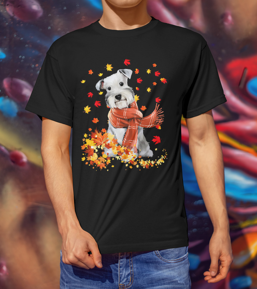 Cute Schnauzer Dog Autumn Leaves And Cozy Scarf T-Shirt