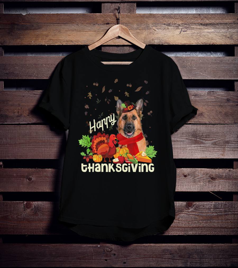 Happy Thanksgiving Pilgrim German Shepherd With Turkey And Fall Leaves T-Shirt