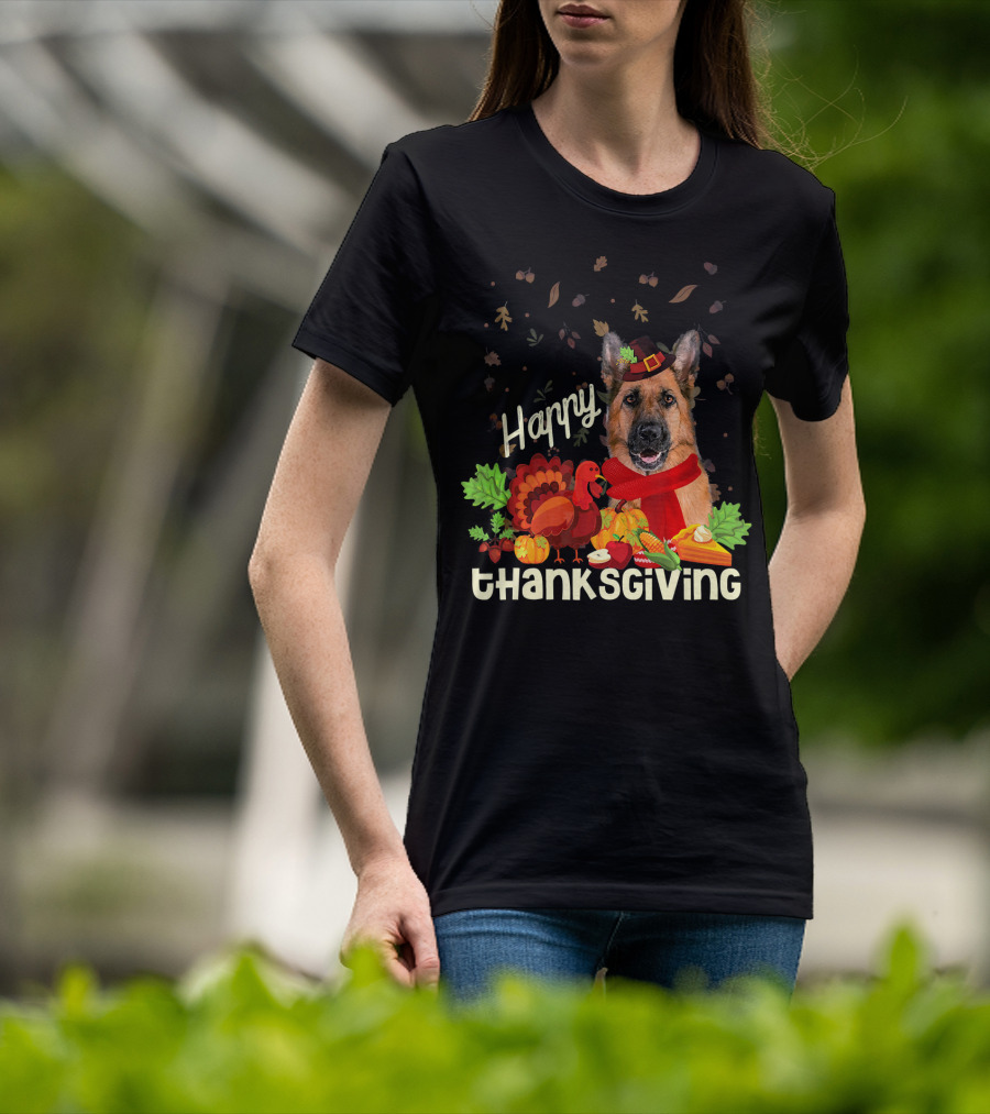 Happy Thanksgiving Pilgrim German Shepherd With Turkey And Fall Leaves T-Shirt