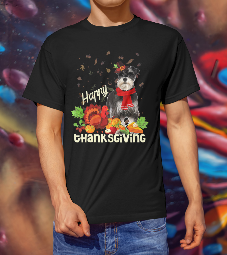 Happy Thanksgiving Pilgrim Miniature Schnauzer Turkey Pumpkin Pie Autumn Leaves T-Shirt