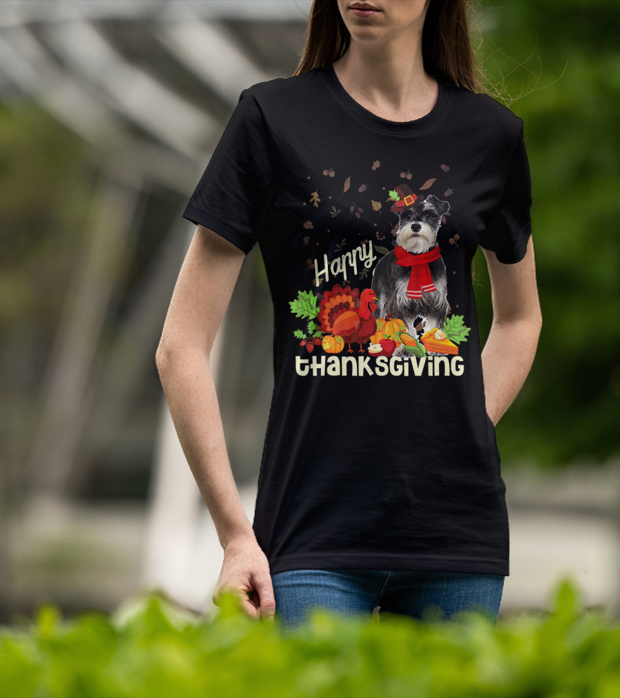 Happy Thanksgiving Pilgrim Miniature Schnauzer Turkey Pumpkin Pie Autumn Leaves T-Shirt