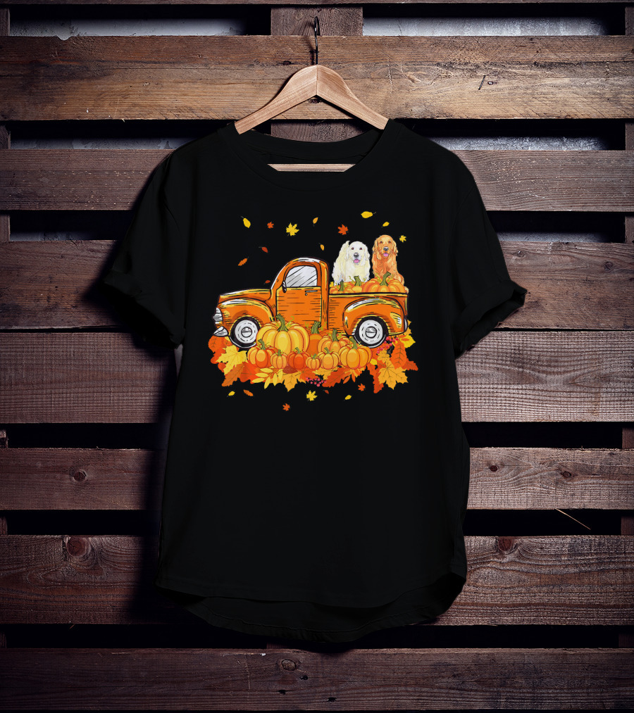 Golden Retriever Puppies In Vintage Pumpkin Truck With Autumn Leaves T-Shirt
