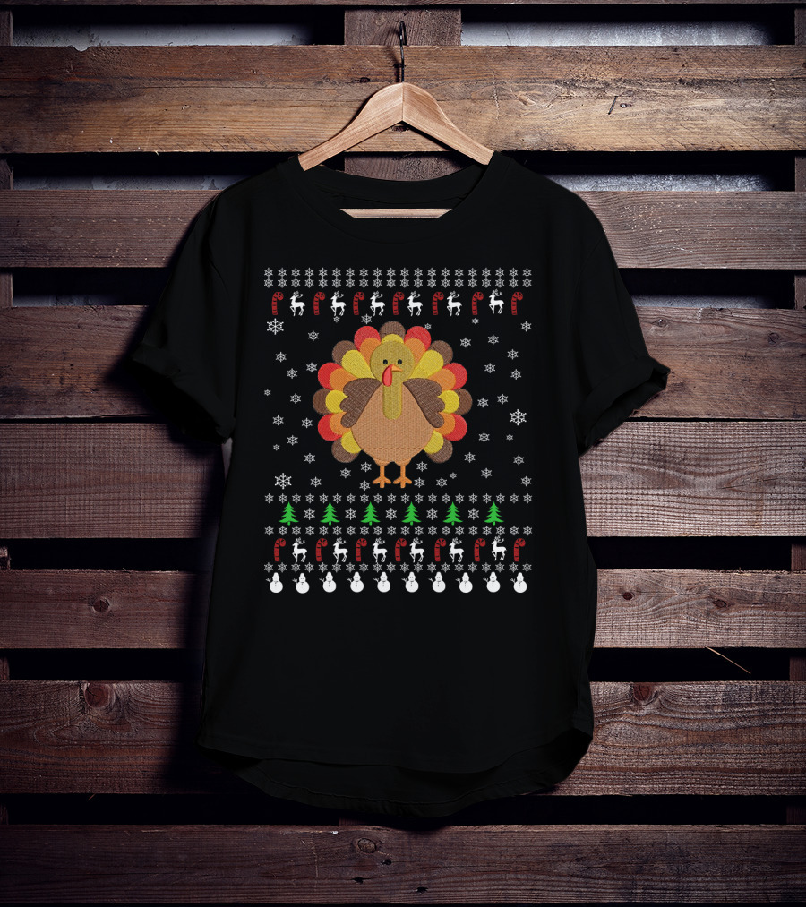 Thanksgiving Turkey With Snowflakes Reindeer Trees And Candy Canes T-Shirt