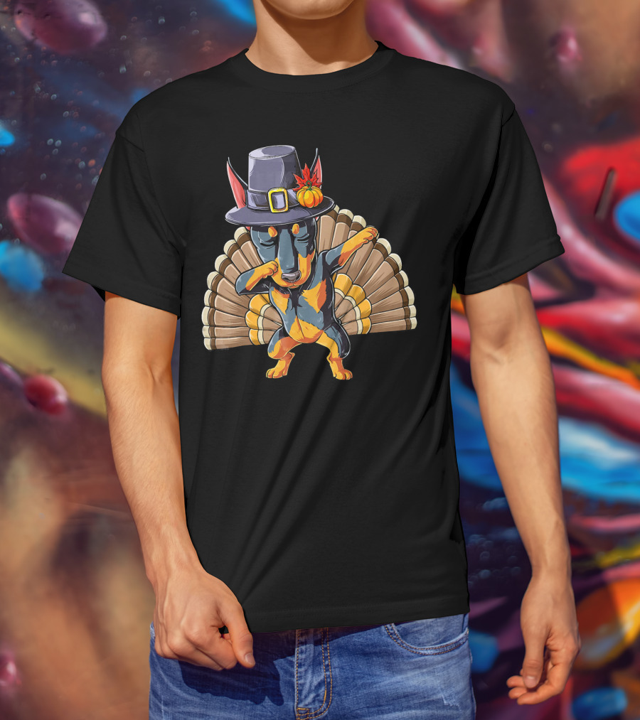 Thanksgiving Pilgrim Hat Dabbing Dog With Turkey Feathers T-Shirt