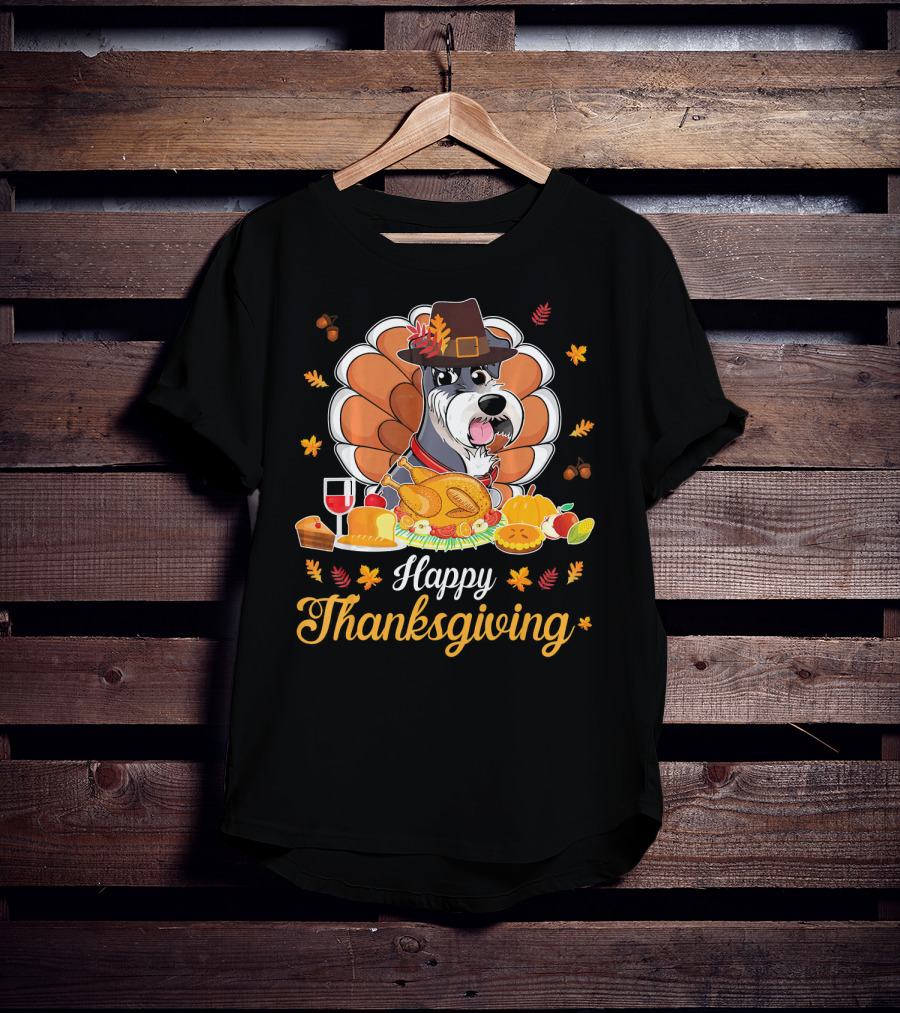 Happy Thanksgiving Schnauzer Pilgrim Turkey Feast Wine T-Shirt