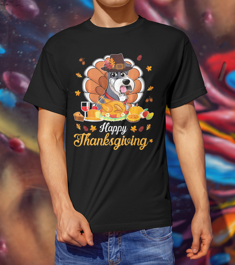Happy Thanksgiving Schnauzer Pilgrim Turkey Feast Wine T-Shirt